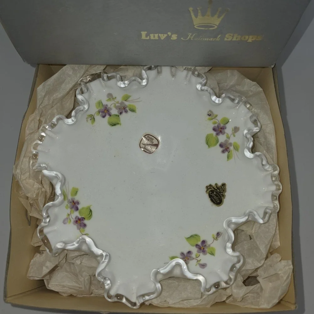 VINTAGE FENTON Silver Crest Milk Glass Footed Flared Bowl Violets Personalized
